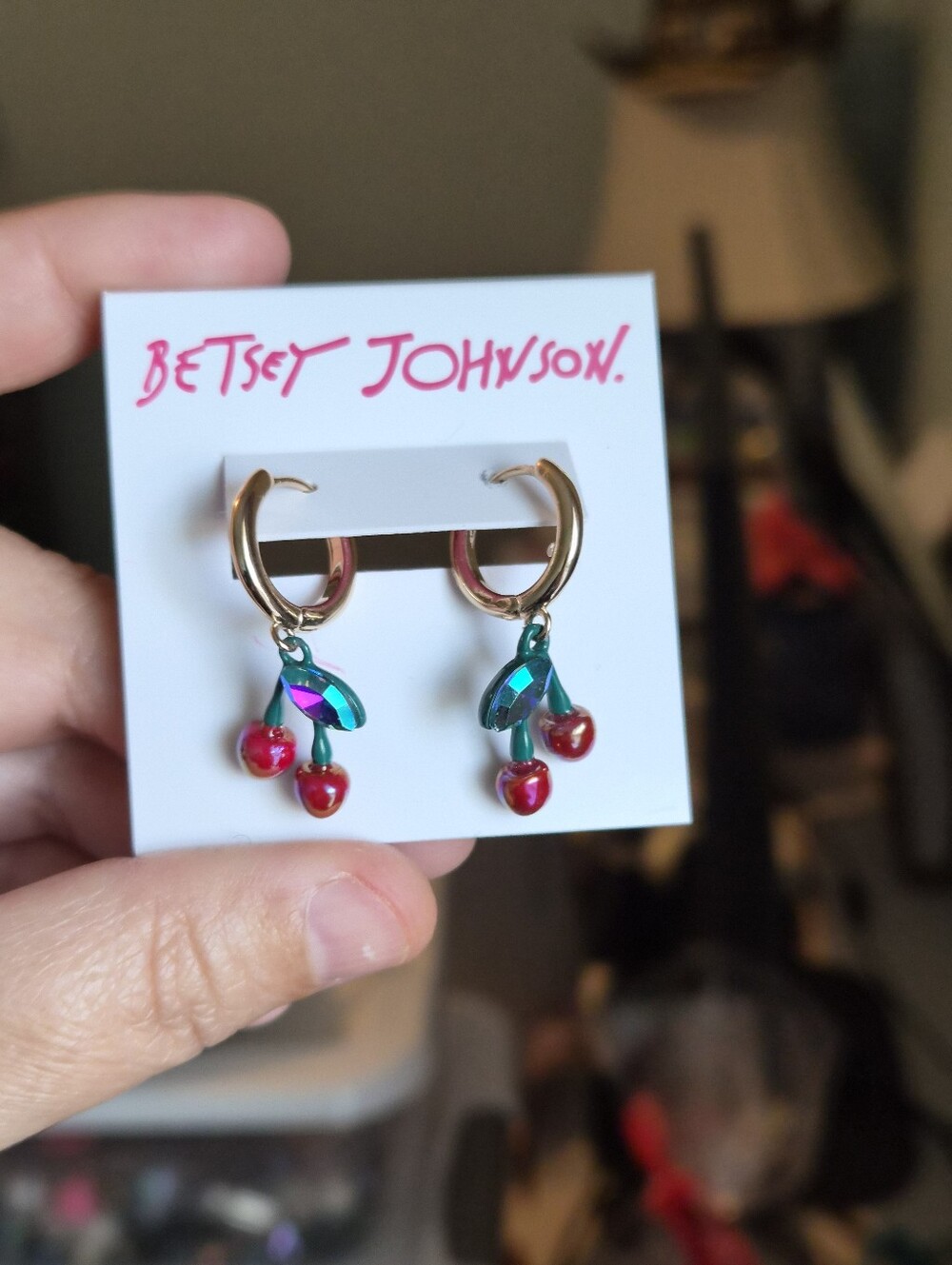 Betsey Johnson Gold Hoop Cherry Earrings with Green Leaves and Red Cherries NWT